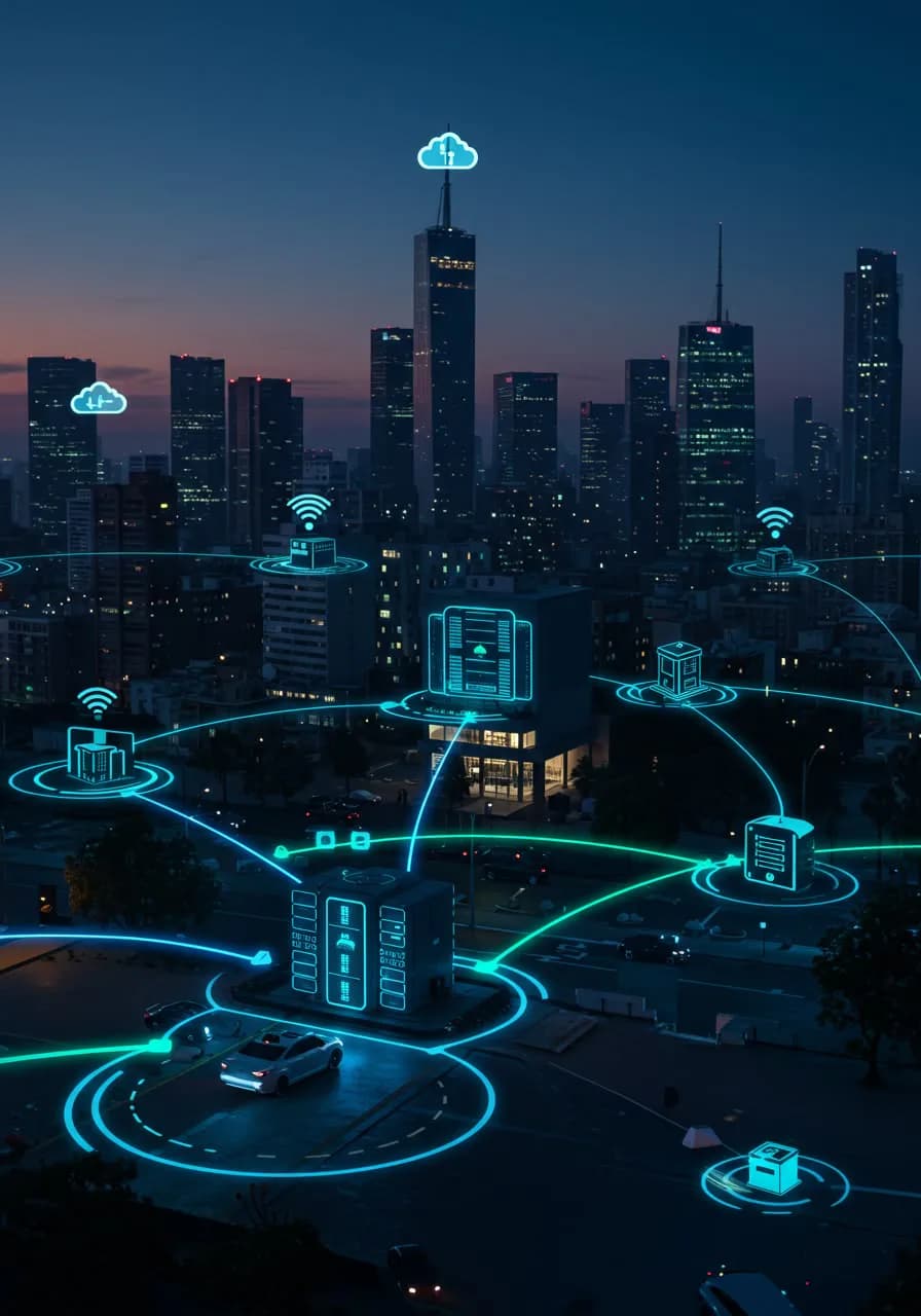 A cloud and server network over a city skyline