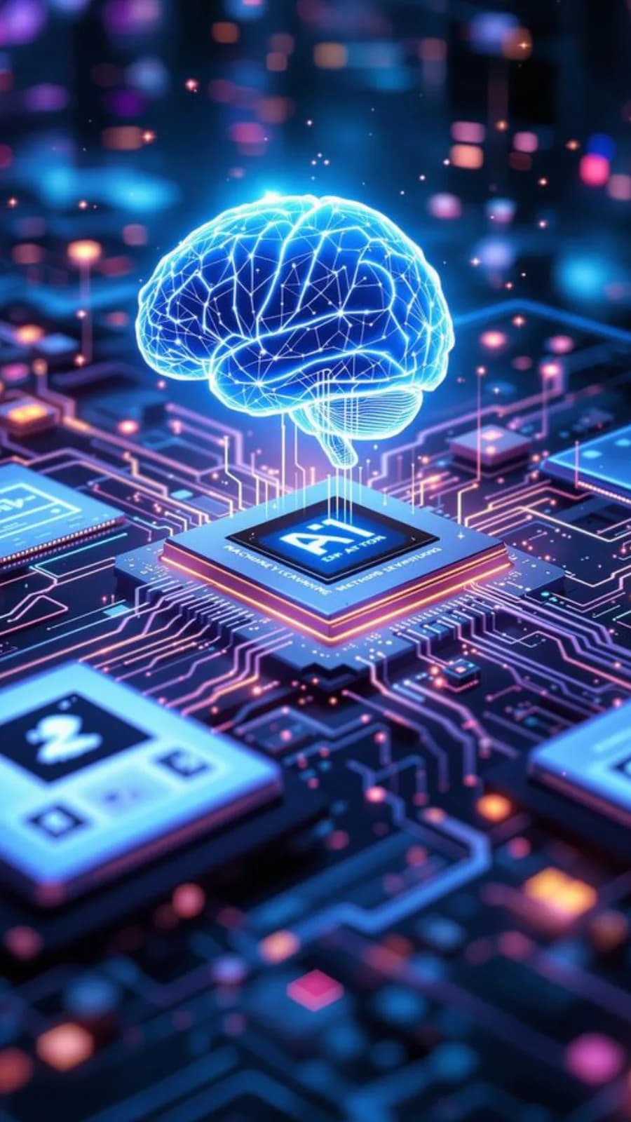 A glowing brain above an AI chip